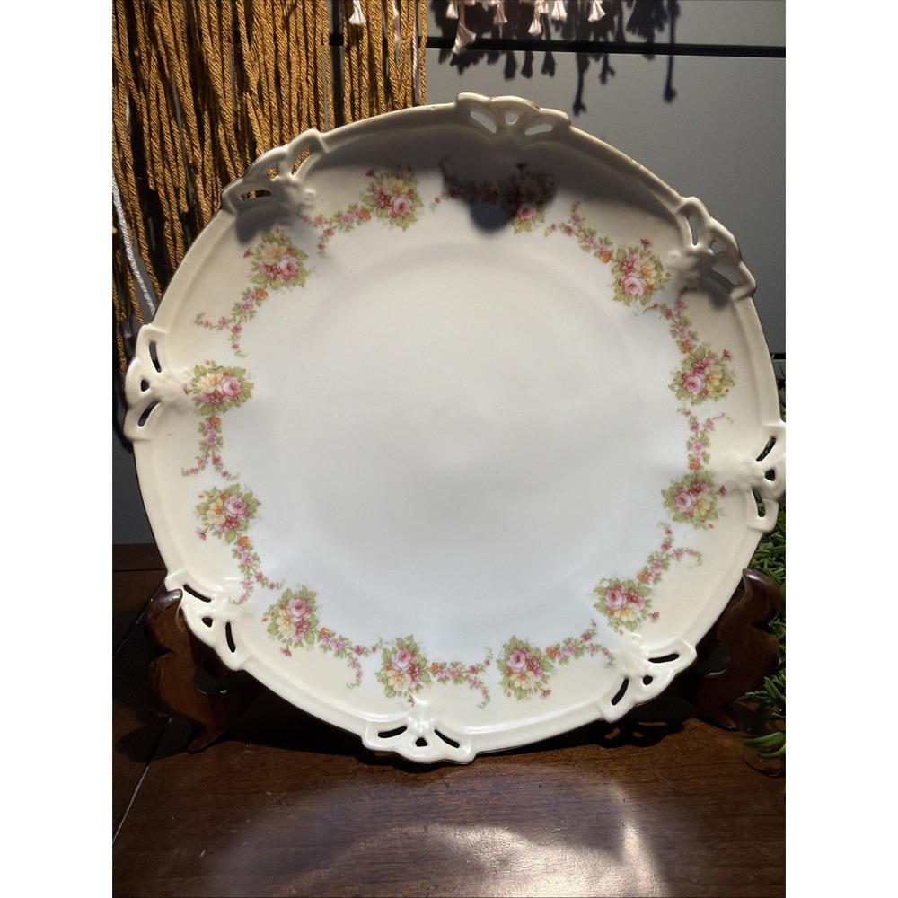 Antique MZ Moritz Zdekauer AUSTRIA Fine China Pink ROSE 8.5" Scalloped Cut Out